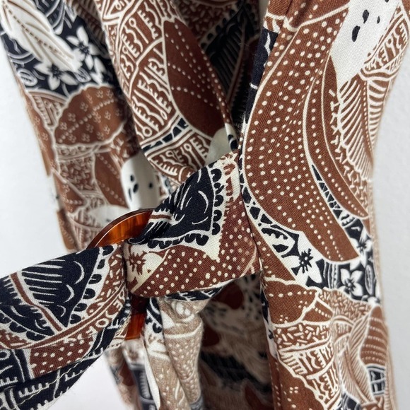 Vintage 70s Toni Todd Brown Black Floral Safari Faux Wrap Knee Dress Women's 10 - Picture 7 of 12